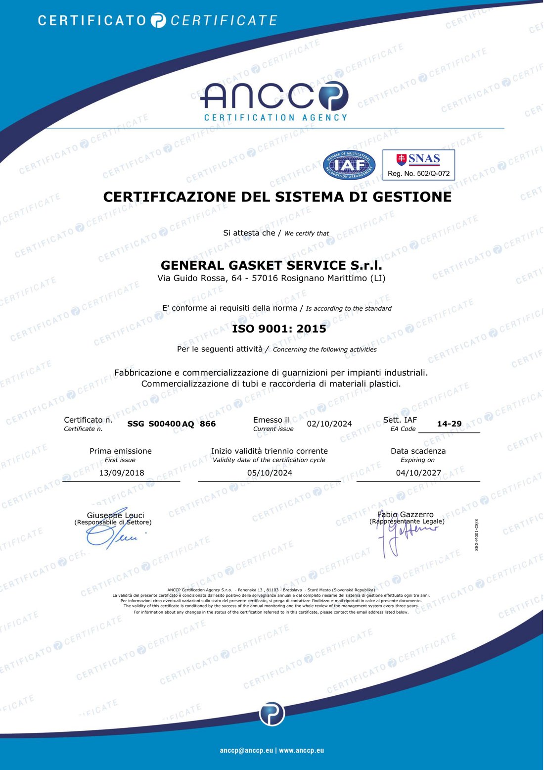 Certificato ISO 9001:2015 n. SSG S00400 AQ 866 rilasciato da ANCCP Certification Agency a General Gasket Service S.r.l.