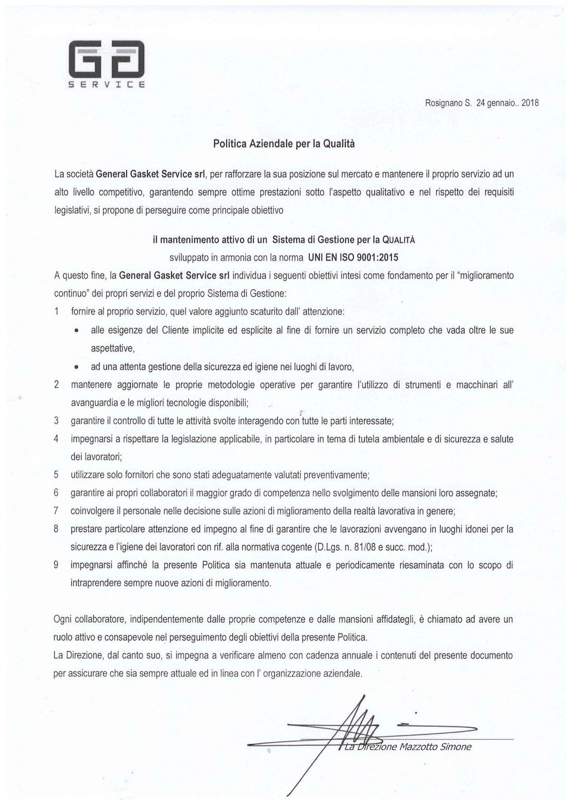 Documento originale della Politica Aziendale per la Qualità firmato dalla Direzione di General Gasket Service
